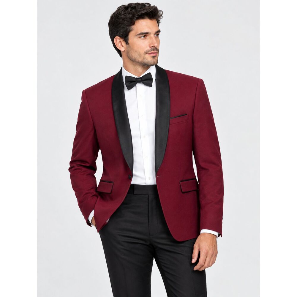 Suslo Couture Men Burgundy Tuxedo Style Black Satin Shawl Lapel Blazer Sz 3XL/48
